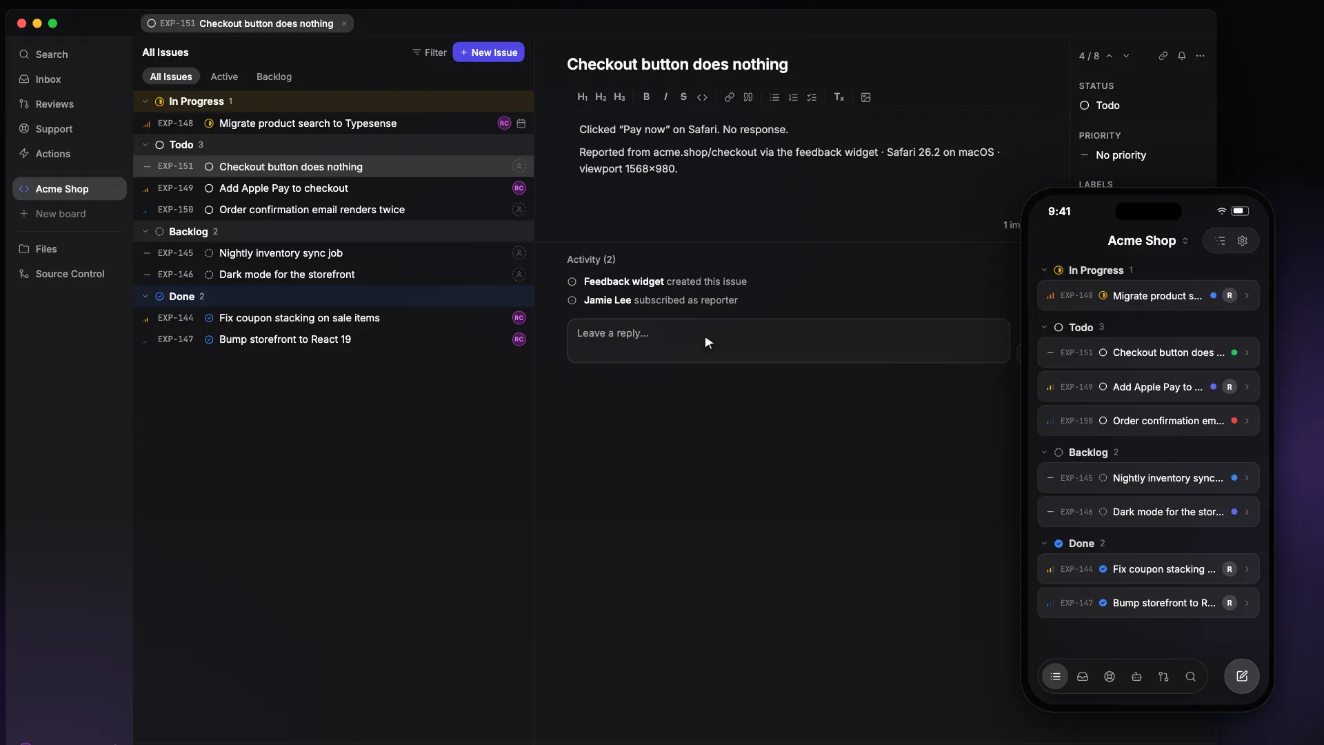 The Exponential issue board: the team's live issues with a bug report open as an issue. The whole team collaborates here in realtime, and coding runs start from any device.