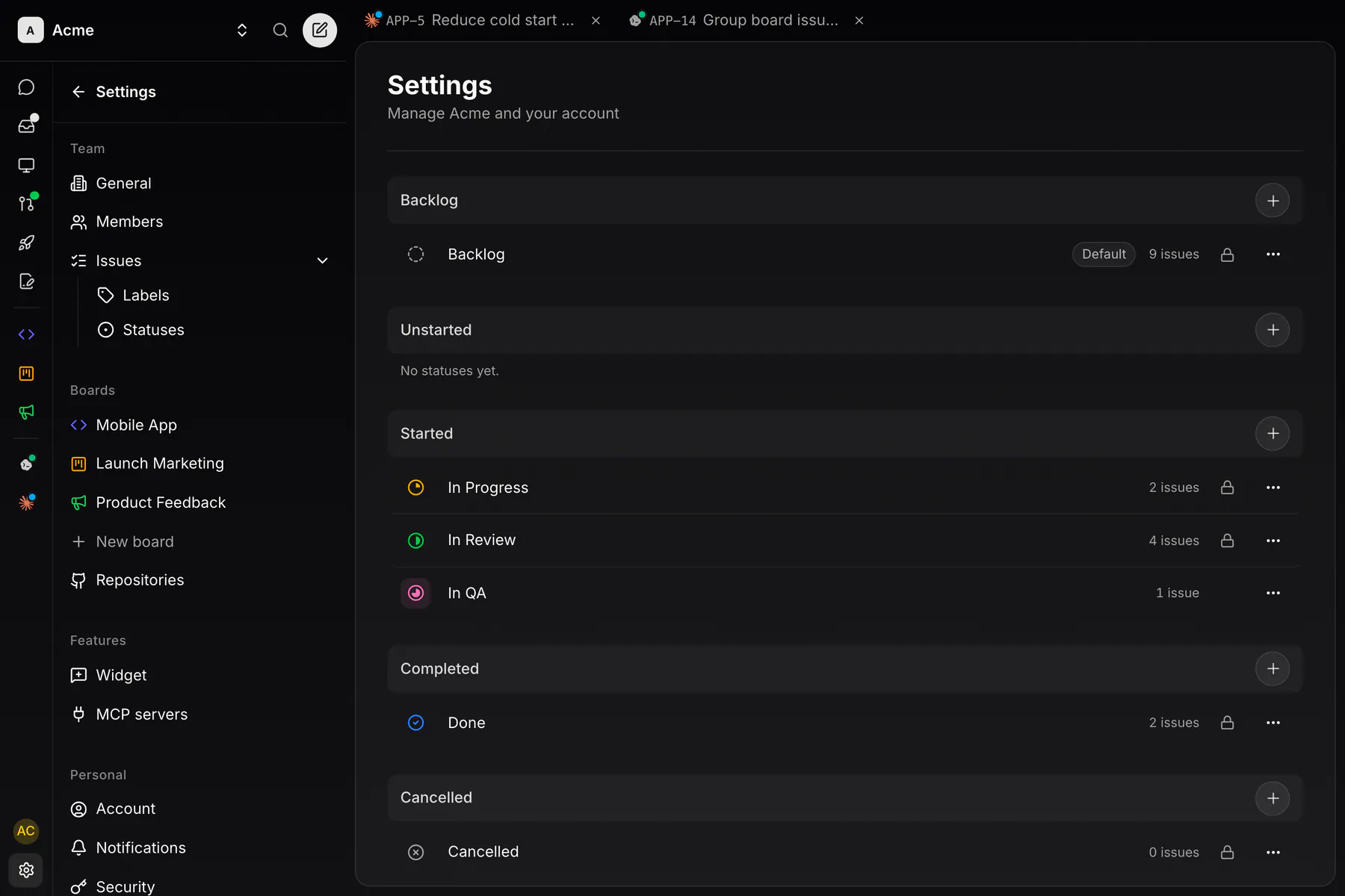 Settings · Statuses